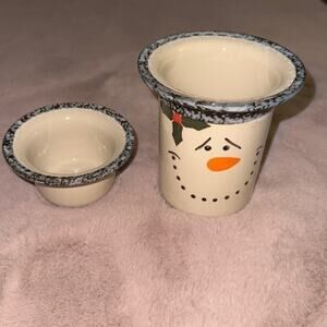 Vintage Snowman Stoneware Set Dip Serving Dish 1980s Jar Kitchen